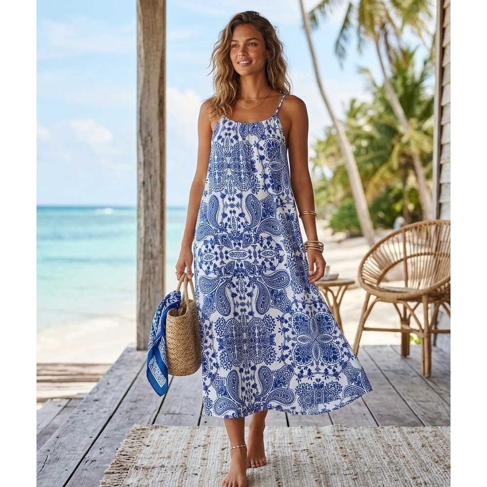 H&M Paisley Maxi Sun Dress Womens S Blue White Cotton Spaghetti Strap Boho Beach